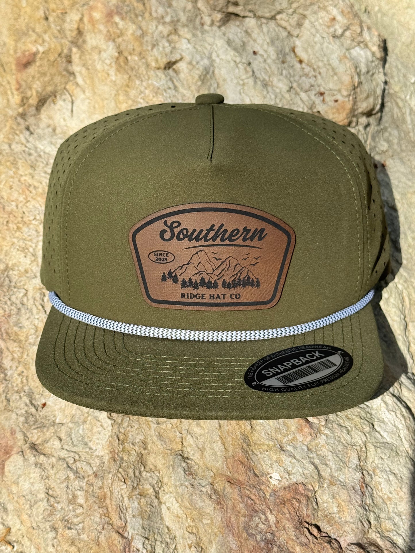 5PANEL WATER PROOF HAT WITH ROPE/OLIVE Laser Engraved Leather Patch