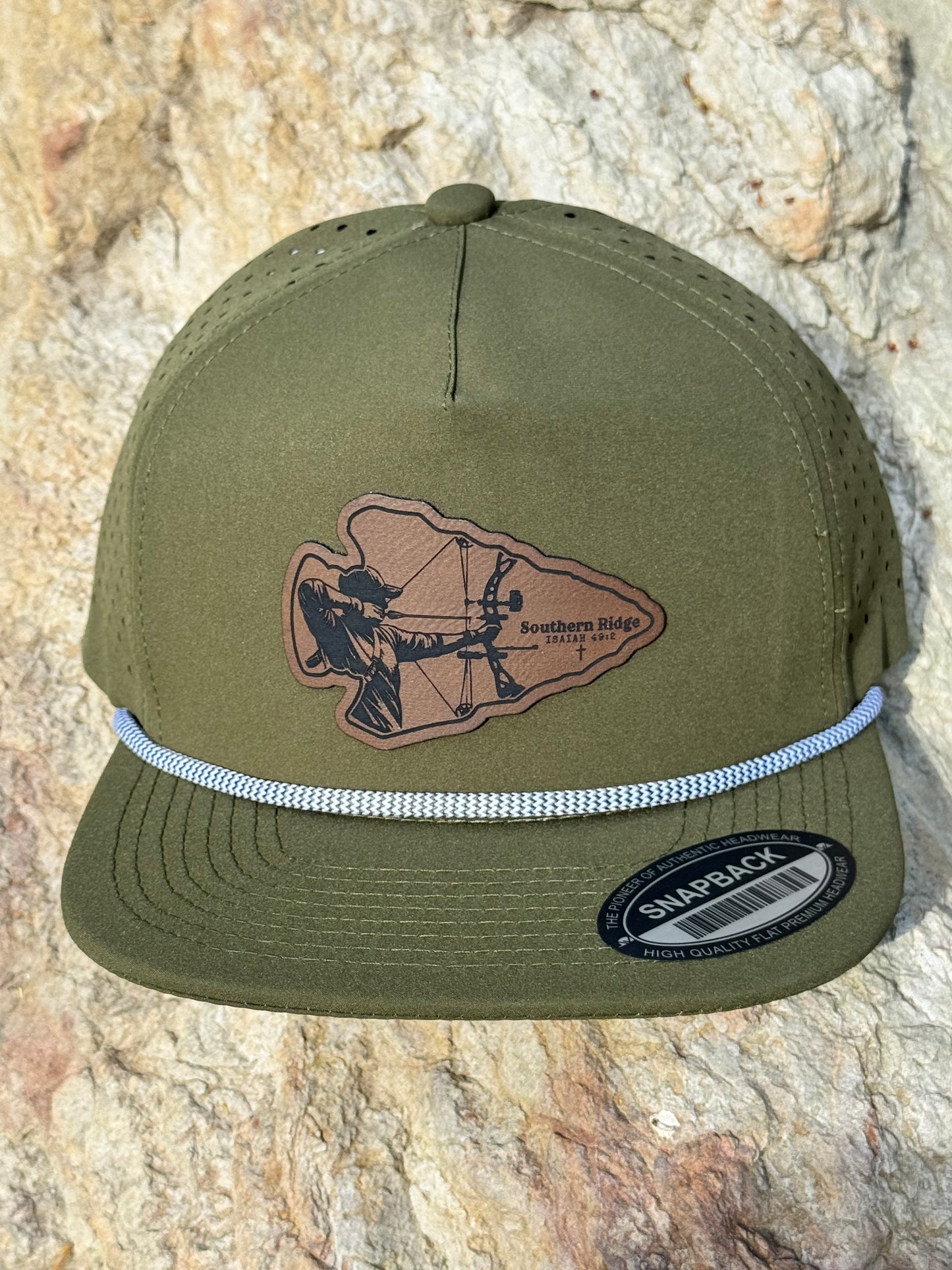5PANEL WATER PROOF HAT WITH ROPE/OLIVE Laser Engraved Leather Patch